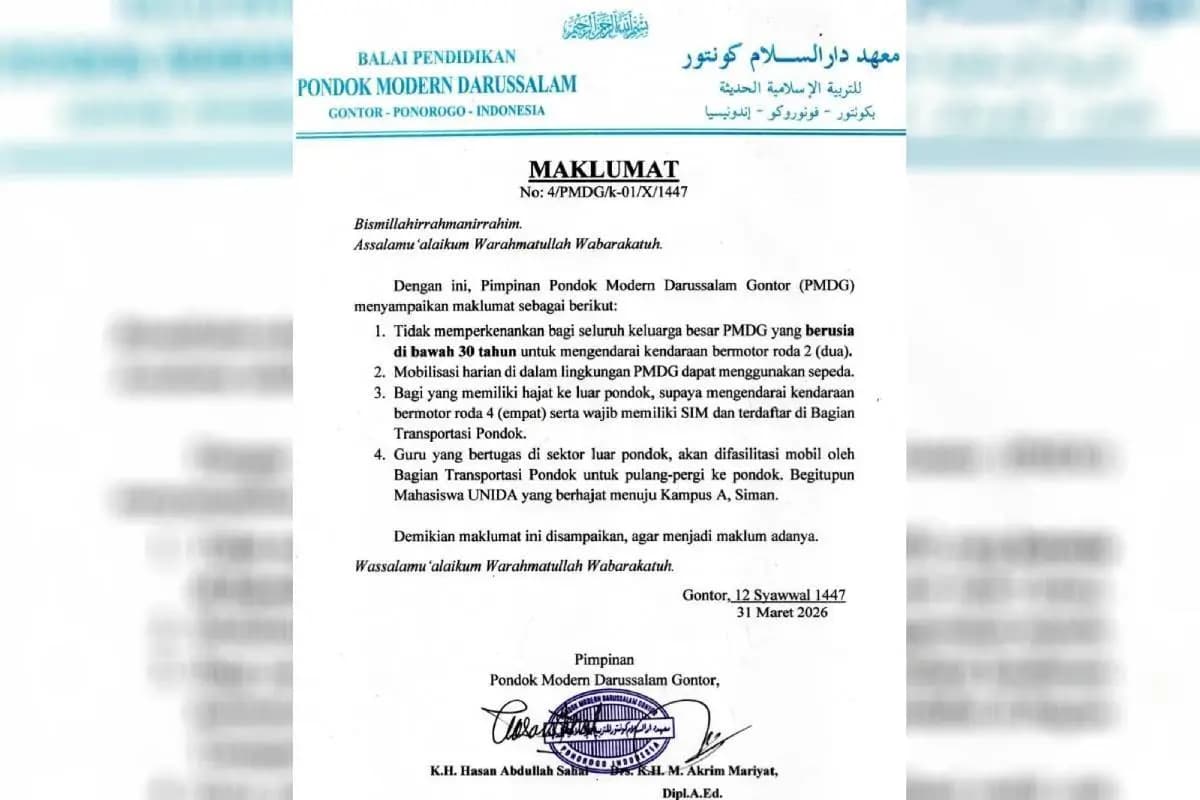Tertibkan Mobilitas, Pondok Gontor Larang Pengajar di Bawah 30 Tahun Gunakan Motor